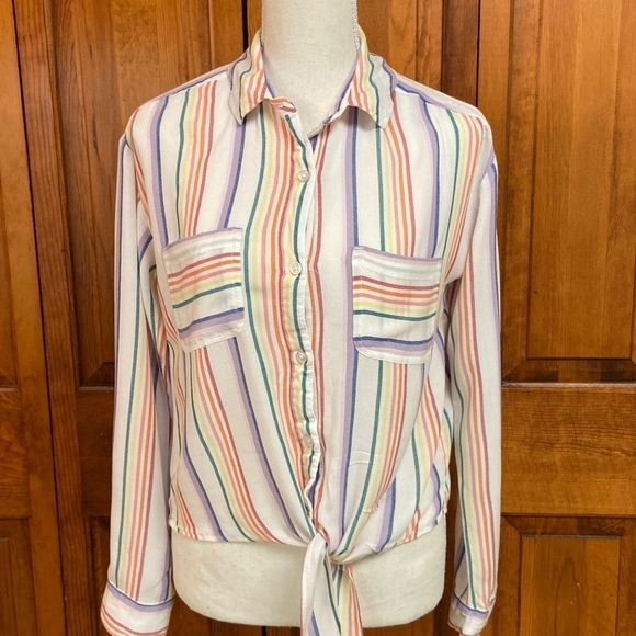 SO Striped Rayon Button Up Knotted Hem Blouse Size Small - Picture 1 of 10